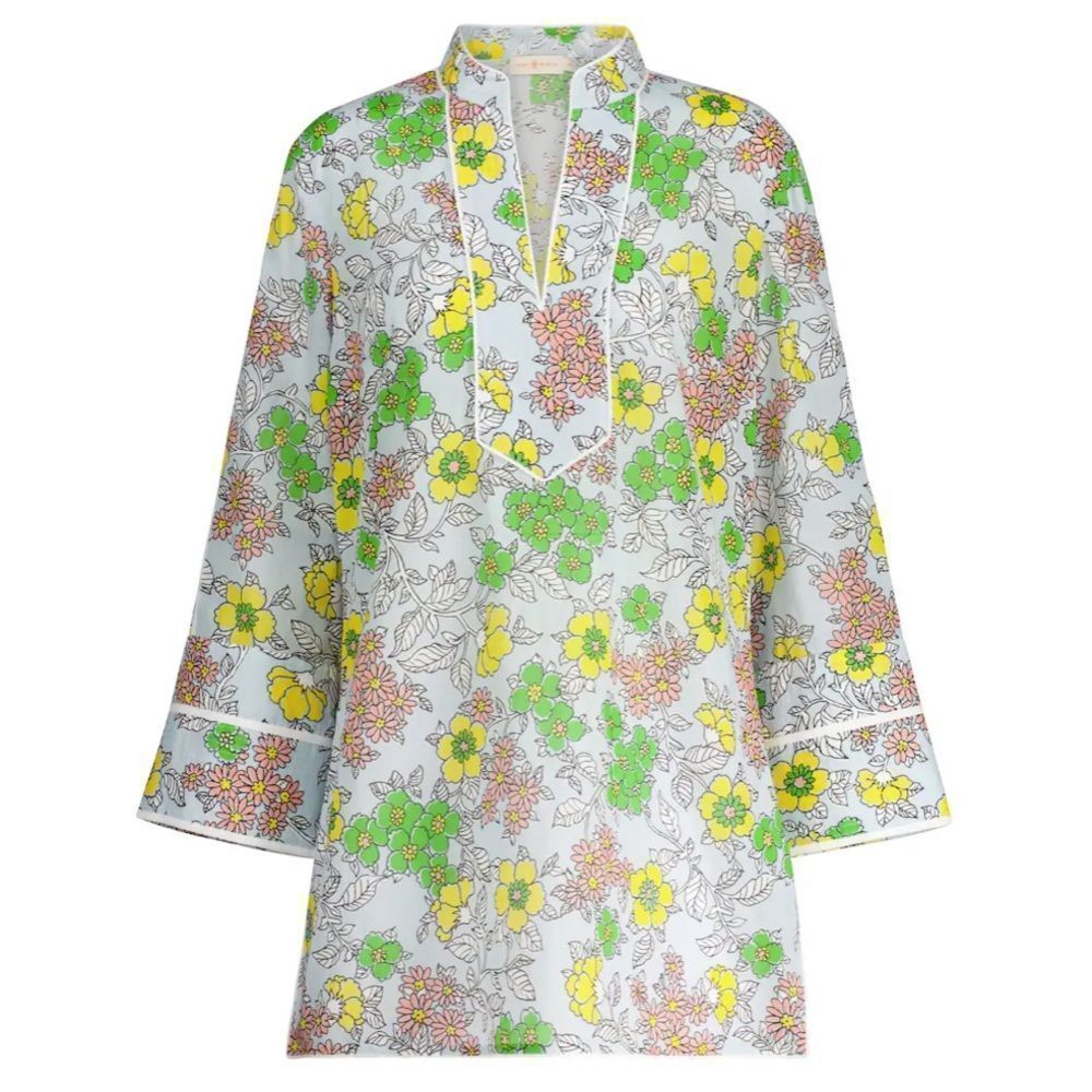 Tory Burch Floral Print Tunic Kaftan Top Swim Coverup Size Small Bright Pastels